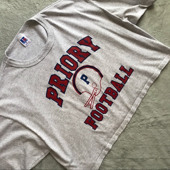 Vintage Tops - VTG 80s 90s Priory High School Football Vintage Cropped Varsity Athletic Tee XL